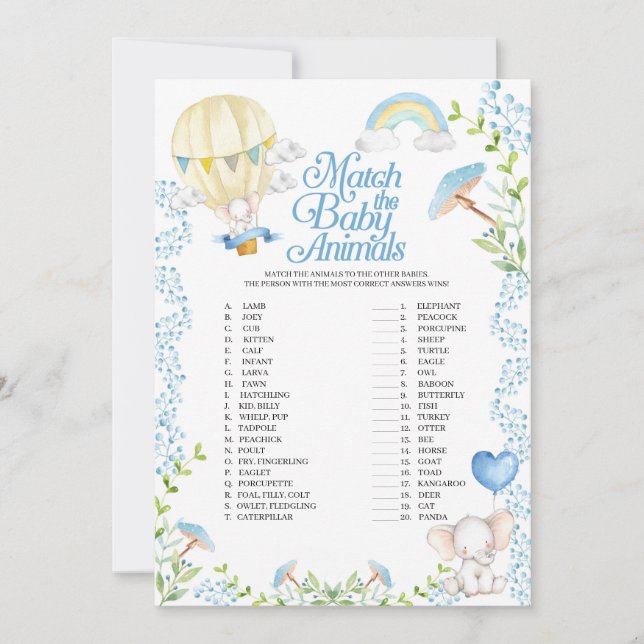 Hot Air Balloon Match The Baby Animals Game Invitation (Front)