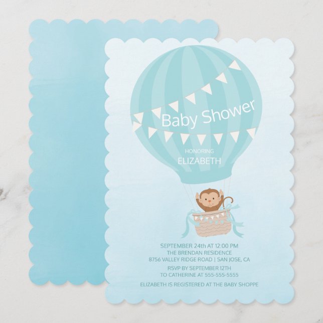 Hot Air Balloon Monkey Boys Baby Shower Invitation (Front/Back)