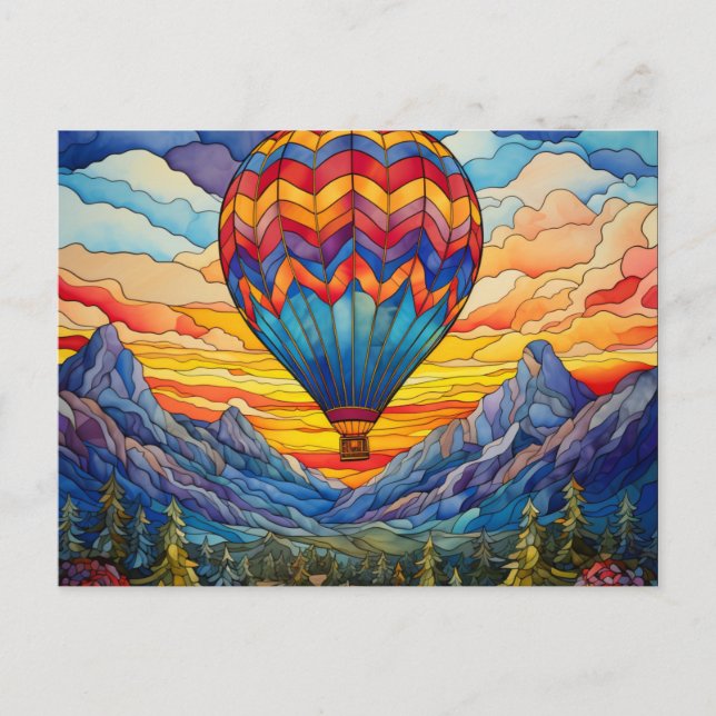 Hot Air Balloon Mountain Valley Stained Glass Postcard (Front)