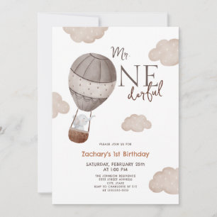 Hot Air Balloon Mr. ONEderful Boy 1st Birthday Invitation