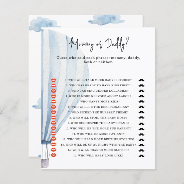 Hot air balloon - mummy or daddy baby shower game (Front/Back)