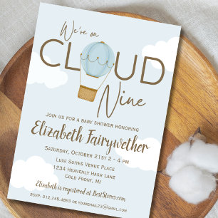 Hot Air Balloon On Cloud 9 Baby Shower Invitation