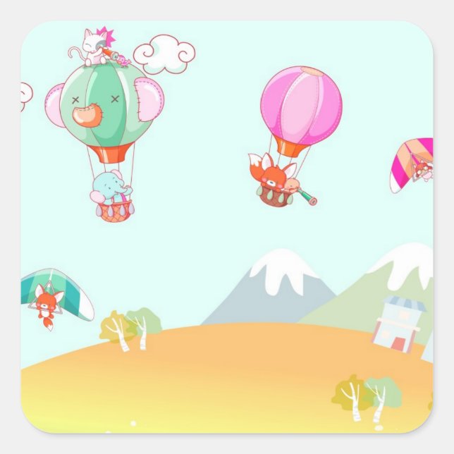 Hot air balloon on pastel colour background. square sticker (Front)