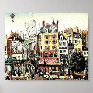 Hot Air Balloon over city  antique Poster