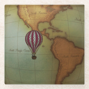 Hot Air Balloon Over Map of the Americas Steampunk Glass Coaster