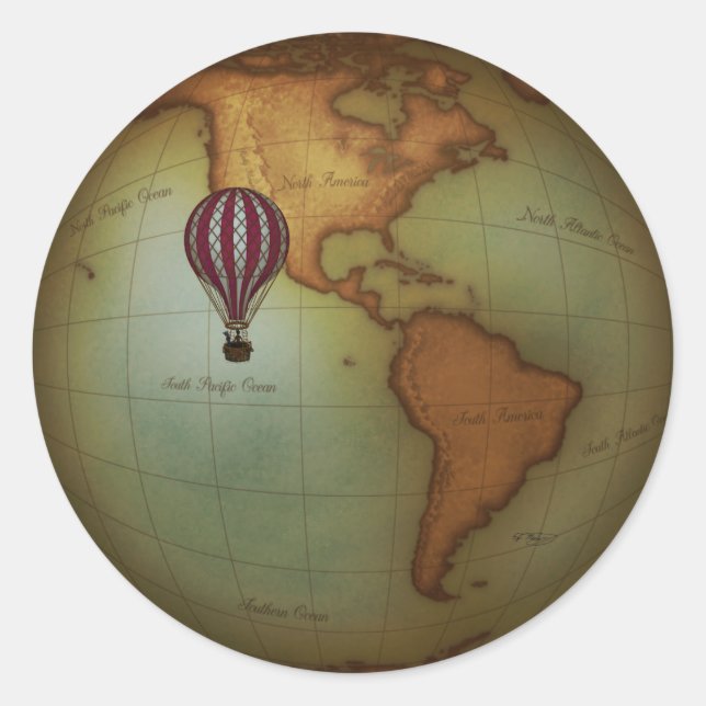 Hot Air Balloon Over Western Hemisphere Map Classic Round Sticker (Front)