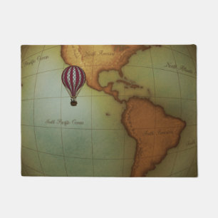 Hot Air Balloon Over Western Hemisphere Map Doormat