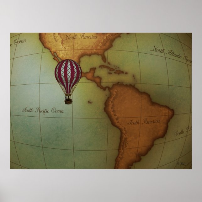 Hot Air Balloon Over Western Hemisphere Map Medium Poster (Front)