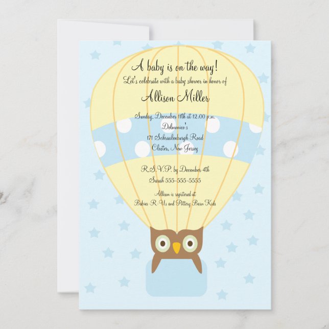 Hot Air Balloon OWL Boy Baby Shower Invitation (Front)