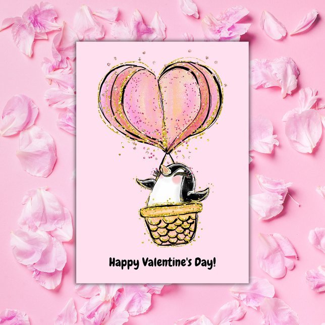 Hot Air Balloon Penguin Happy Valentine's Day Card (Creator Uploaded)
