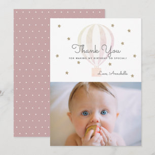 Hot Air Balloon Pink Birthday Photo Thank You Card
