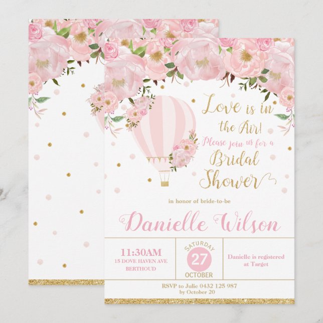Hot Air Balloon Pink Blush Floral Bridal Shower Invitation (Front/Back)