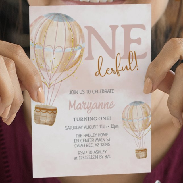 Hot Air Balloon Pink Boho 1st Birthday Invitation (Creator Uploaded)