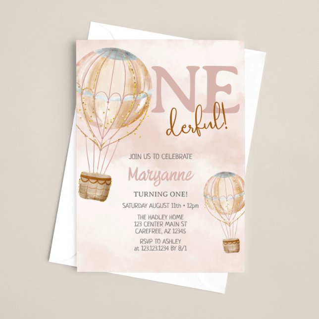 Hot Air Balloon Pink Boho 1st Birthday Invitation (Creator Uploaded)