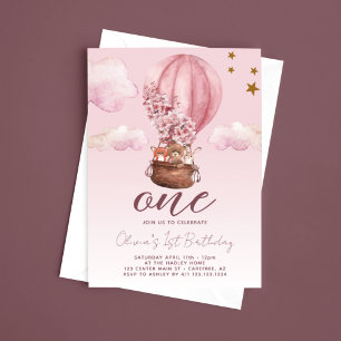 Hot Air Balloon Pink Floral 1st Birthday Invitation