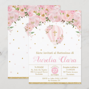 Hot Air Balloon Pink Floral Baptism Christening In Invitation
