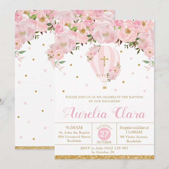 Hot Air Balloon Pink Floral Baptism Christening Invitation (Front/Back)