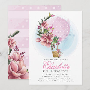 Hot Air Balloon Pink Floral Birthday Invitation