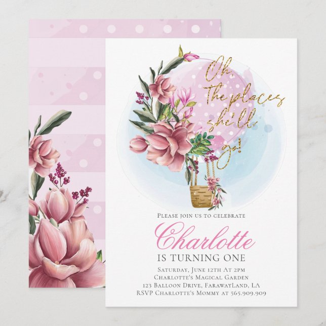 Hot Air Balloon Pink Floral First Birthday Invitation (Front/Back)