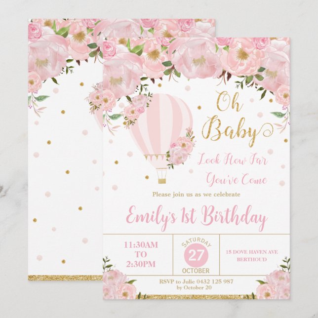 Hot Air Balloon Pink Floral Flowers 1st Birthday  Invitation (Front/Back)