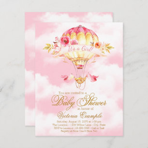 Hot Air Balloon Pink Gold Baby Shower Invitations
