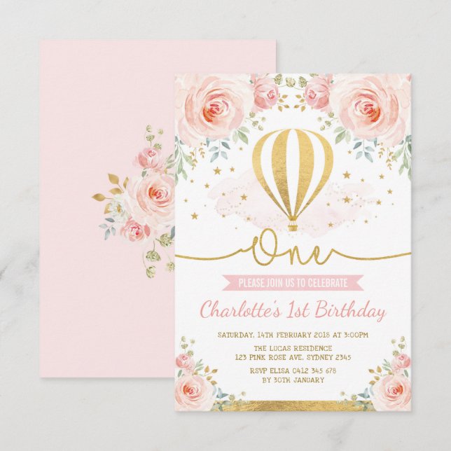 Hot Air Balloon Pink Gold Floral Girl 1st Birthday Invitation (Front/Back)