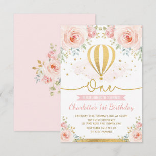 Hot Air Balloon Pink Gold Floral Girl 1st Birthday Invitation