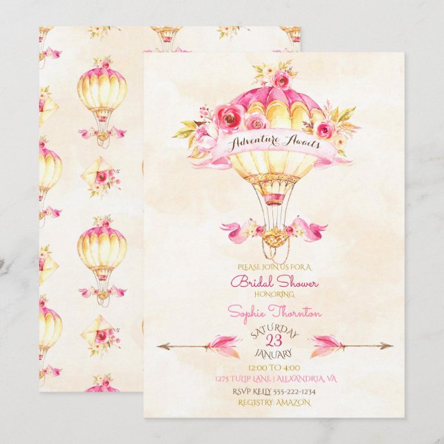 Hot Air Balloon Pink Gold Yellow Arrows Roses Invitation (Front/Back)