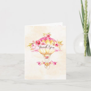 Hot Air Balloon Pink Gold Yellow Arrows Roses Thank You Card