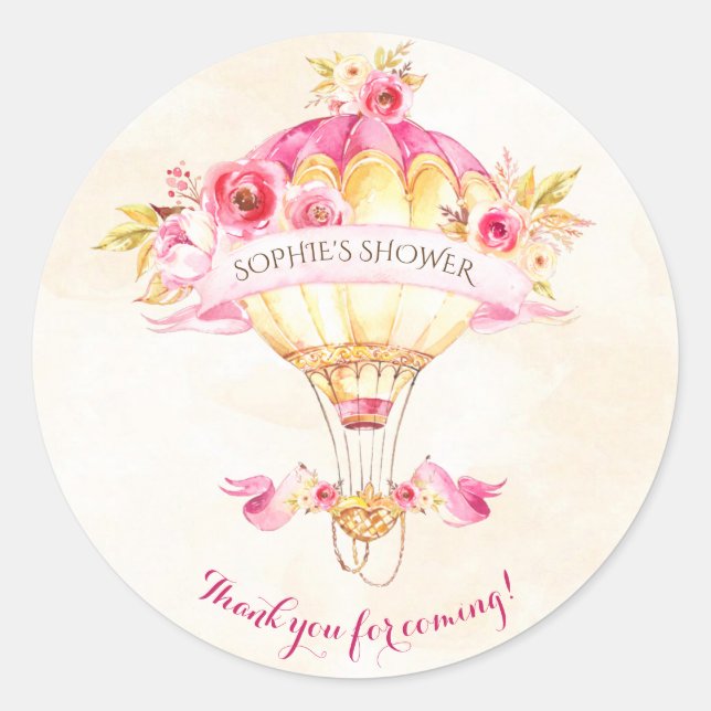 Hot Air Balloon Pink Gold Yellow Roses Classic Round Sticker (Front)