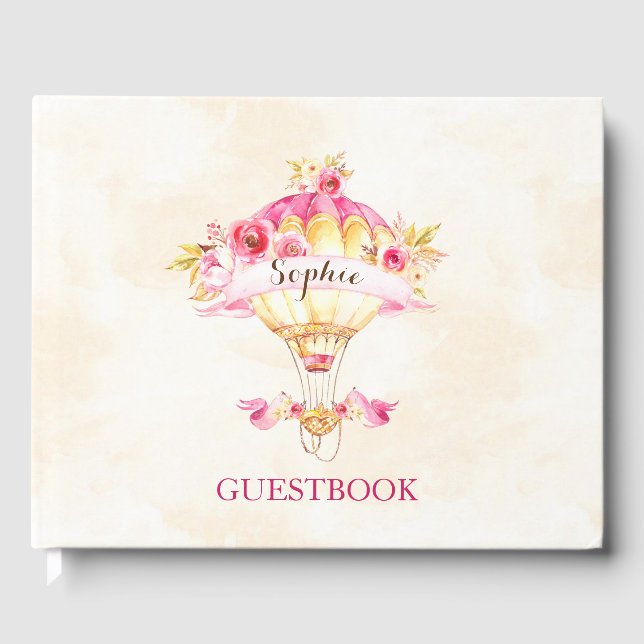 Hot Air Balloon Pink Gold Yellow Roses Guest Book (Front)