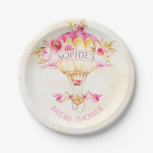 Hot Air Balloon Pink Gold Yellow Roses Paper Plate