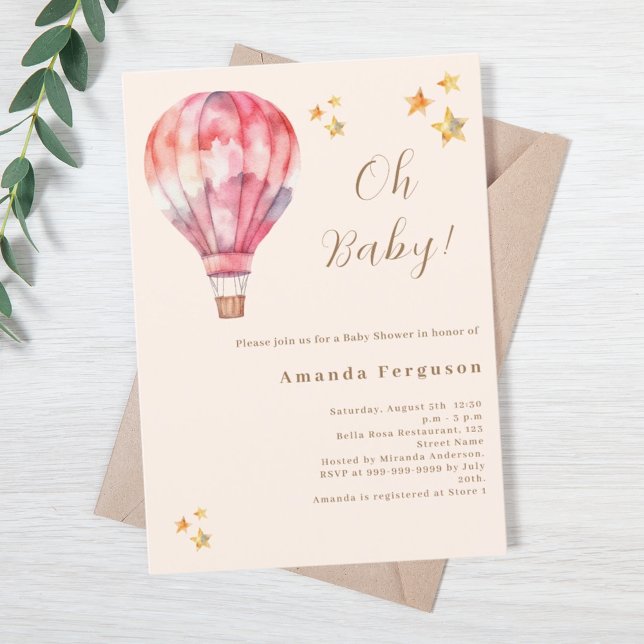 Hot air balloon pink peach girl Baby Shower Invitation (Creator Uploaded)
