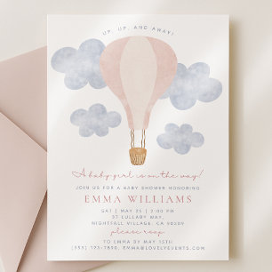 Hot Air Balloon Pink Watercolor Baby Shower  Invitation