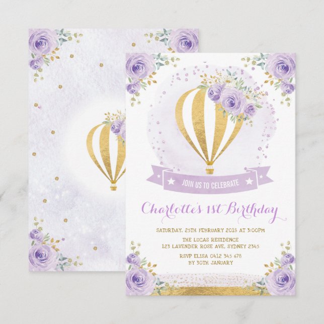 Hot Air Balloon Purple Gold Floral 1st Birthday Invitation (Front/Back)