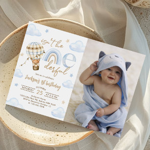 Hot Air Balloon Rainbow Boy 1st Birthday Photo Invitation