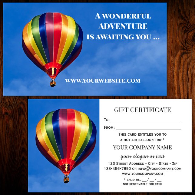 Hot Air Balloon Ride Gift Certificate Template (A gift certificate or regular business card featuring a hot air balloon.)