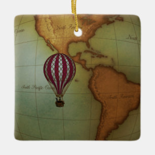 Hot Air Balloon Ride Over Western Hemisphere Map Ceramic Ornament