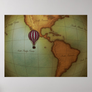 Hot Air Balloon Ride Over Western Hemisphere Map Poster