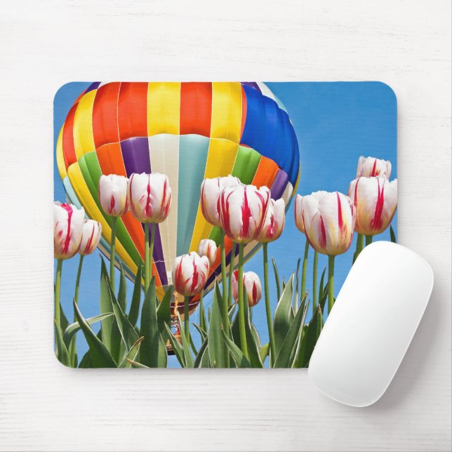 Hot Air Balloon Rising Above Tulip Garden Mouse Mat (With Mouse)