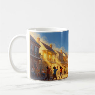 Hot Air Balloon Rising Over Joyful Town Poster Coffee Mug