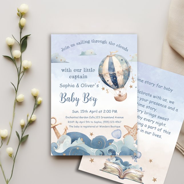 Hot Air Balloon Sea Waves Boy Baby Shower Books Invitation (Creator Uploaded)