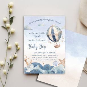 Hot Air Balloon Sea Waves Boy Baby Shower  Invitation