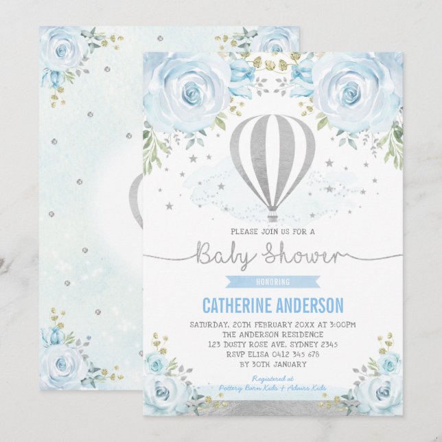 Hot Air Balloon Silver Blue Floral Baby Shower  Invitation (Front/Back)