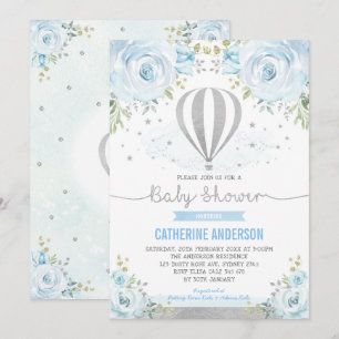 Hot Air Balloon Silver Blue Floral Baby Shower  Invitation