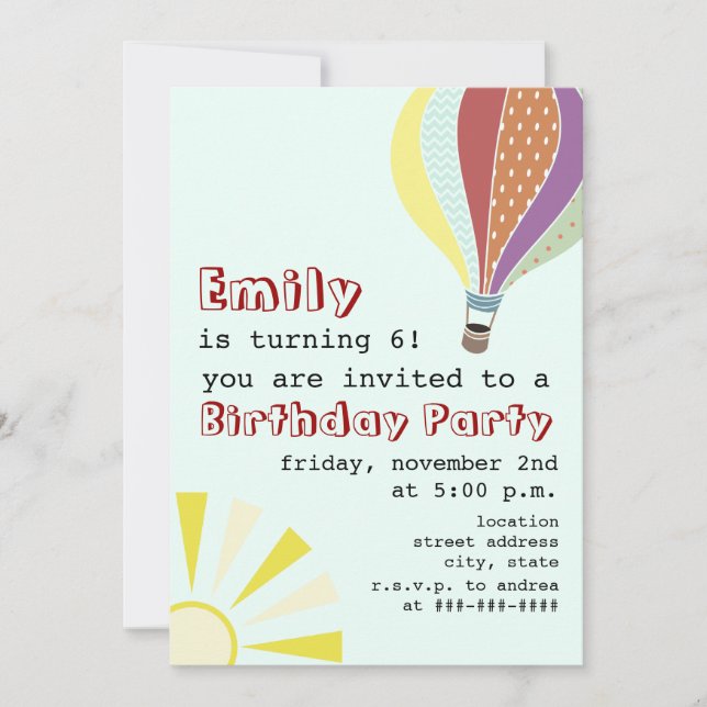 Hot Air Balloon & Sun Birthday Party Invitation (Front)