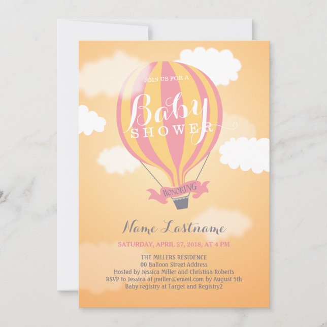 Hot Air Balloon Sunset Girl Baby Shower Invite (Front)
