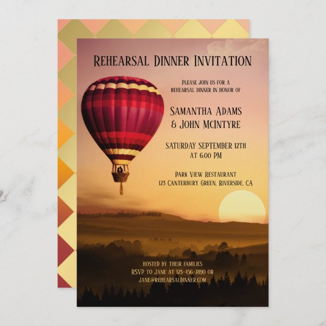 Hot Air Balloon Sunset Rehearsal Dinner Invitation (Front/Back)