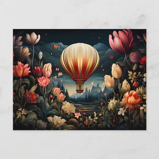 hot air balloon surrounded by flowers dark colors postcard (Front)