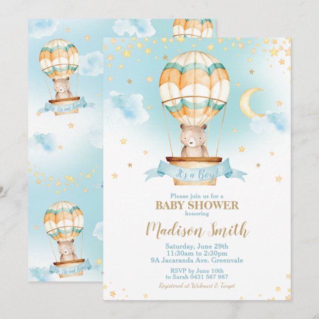 Hot Air Balloon Teddy Bear Baby Shower Boy Invitation (Front/Back)